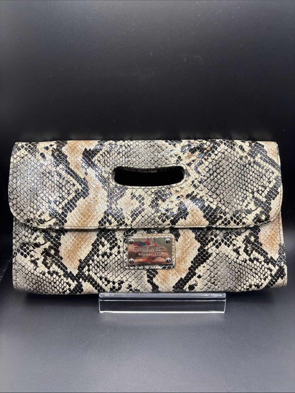 Nine West Snakeskin-Print Foldover Clutch in Beige, Black and Cream